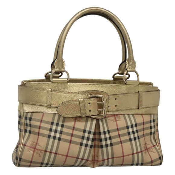 BURBERRY Nova Check Tote Bag PVC Beige Gold Auth 116135